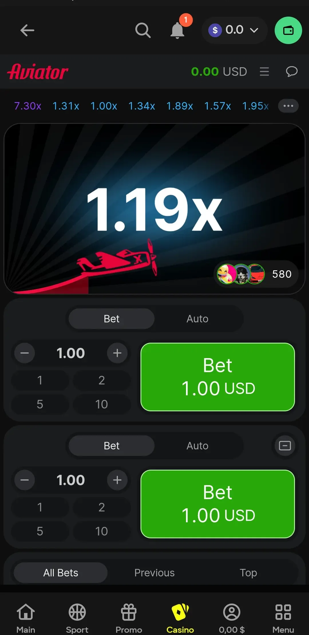 لعبة Aviator على Parimatch — 1.19x
