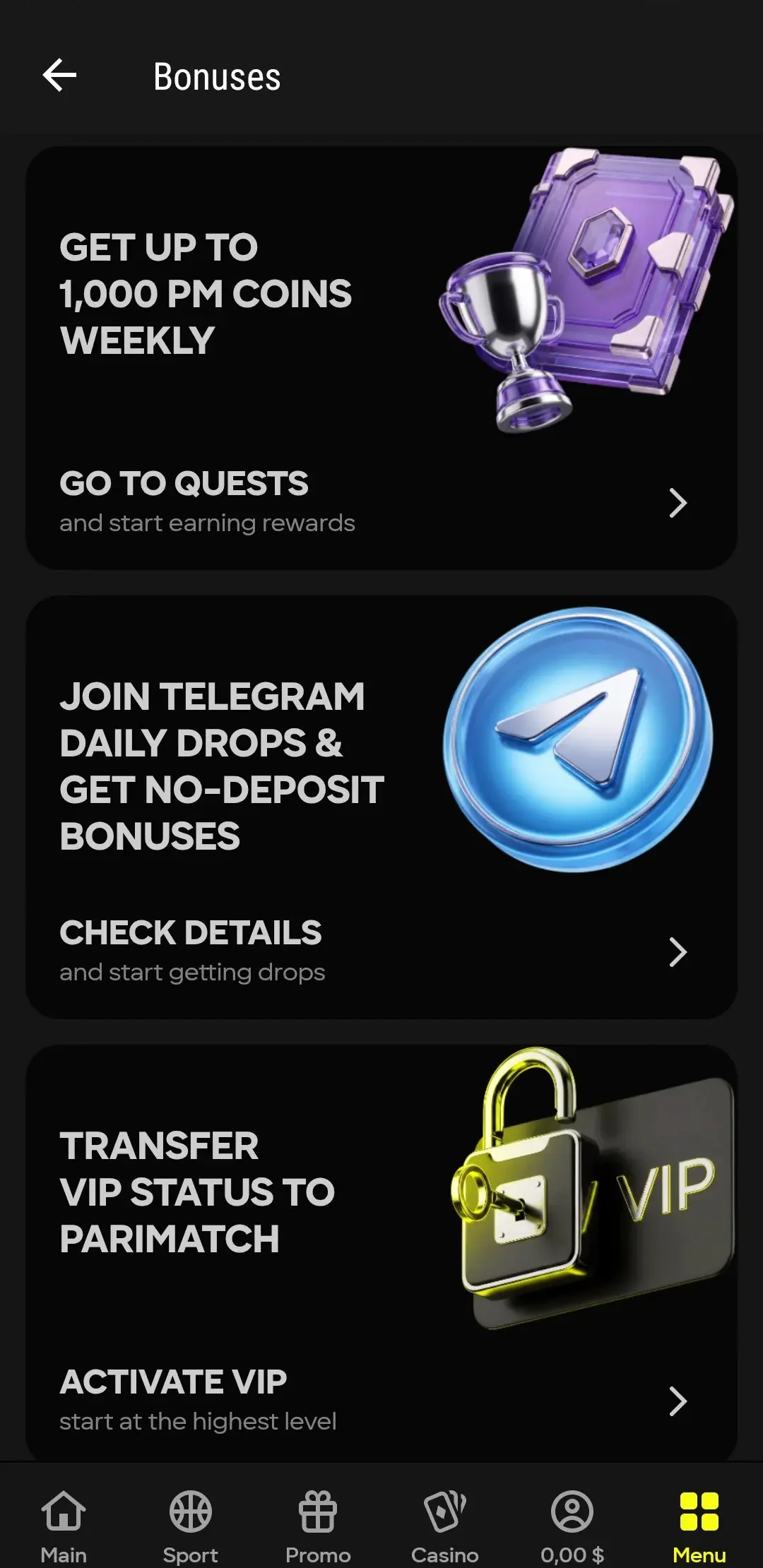 نظام PM Coins وVIP في Parimatch