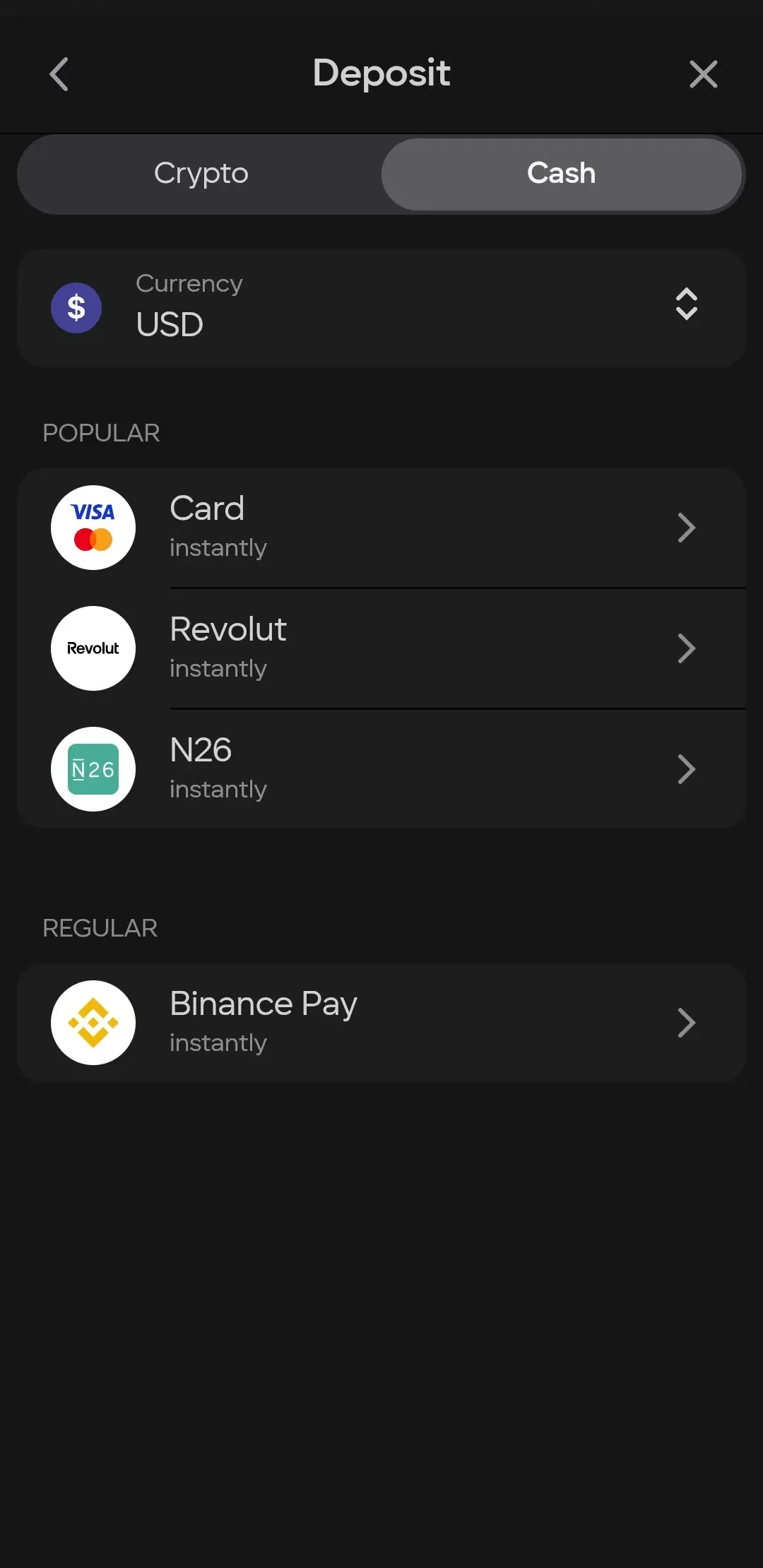 طرق الإيداع — Visa وRevoluت وBinance Pay