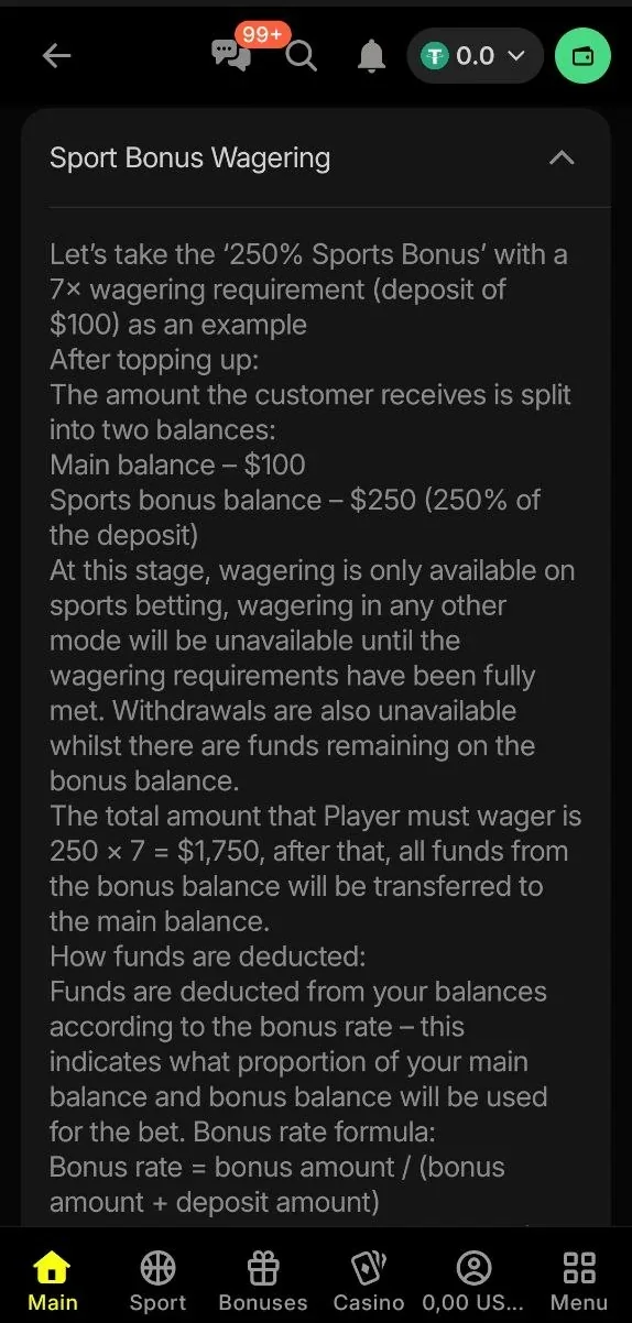 شرح متطلب المراهنة 7× لبونص الرياضات 250% من داخل تطبيق Parimatch